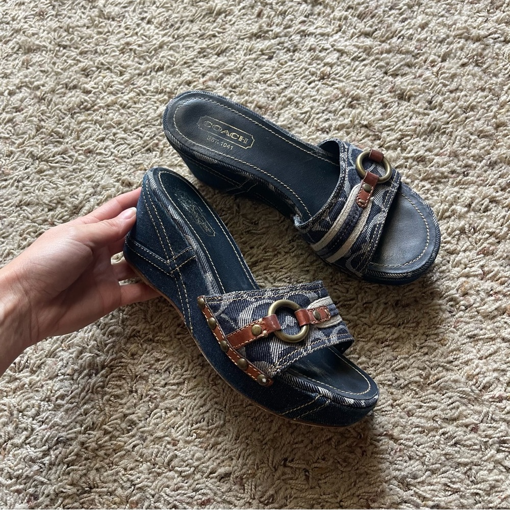 Coach Denim Slide Mules with Brown Leather Trim